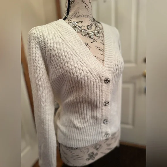 WHBM CROP white cardigan with rhinestone buttons and puff sleeve - Picture 2 of 13
